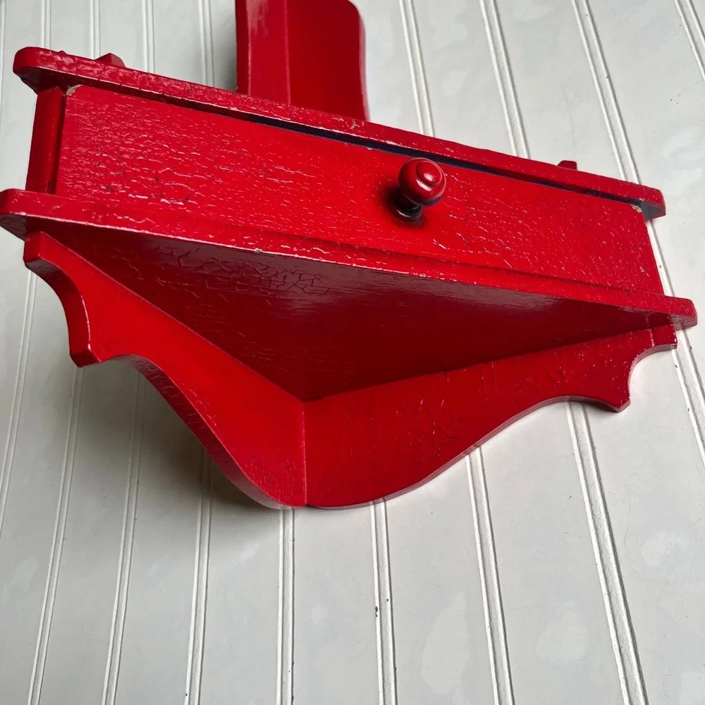 Vintage Red Crackle Wood Corner Shelf with Drawer Wall Hanging Scalloped